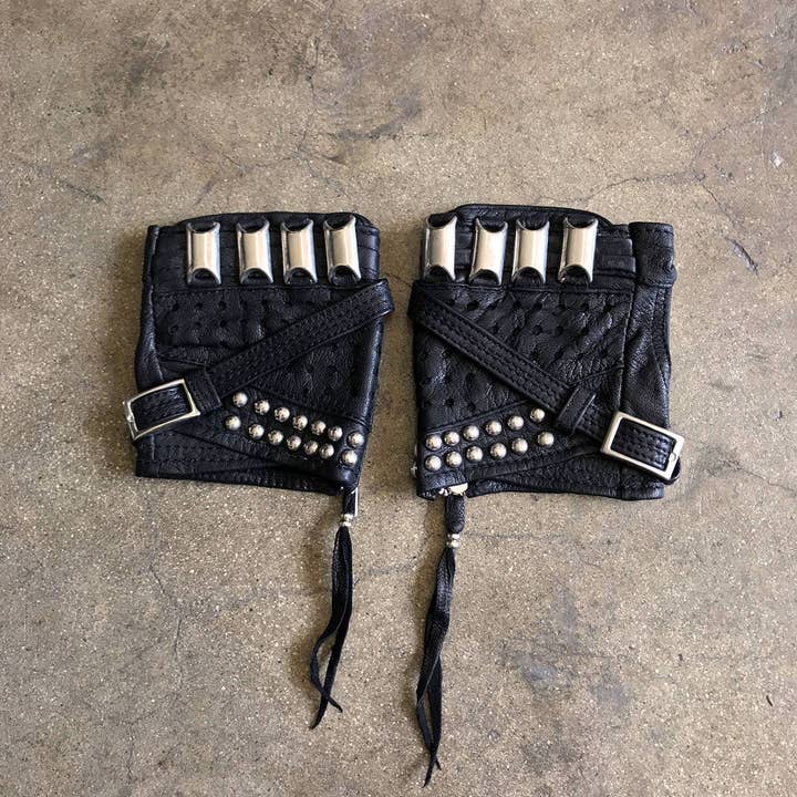 JUNGLE TRIBE - Wholesale Gloves - Unisex - KNUCKLE DUSTER Black Leather Fingerless Unisex Motorcycle Driving Gloves2