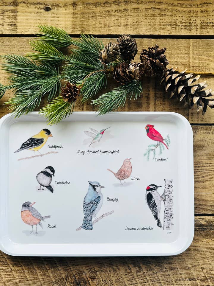 Tabuleiro de servir em melamina ilustrado com pássaros de quintal em aquarela por atacado de LSA-studio