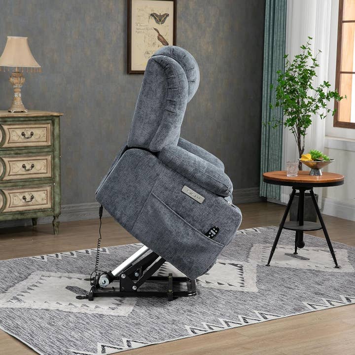 Power Lift Recliner Chair With Full Body Massage And Heat In Elegant Blue Chenille Fabric for wholesale on Faire10