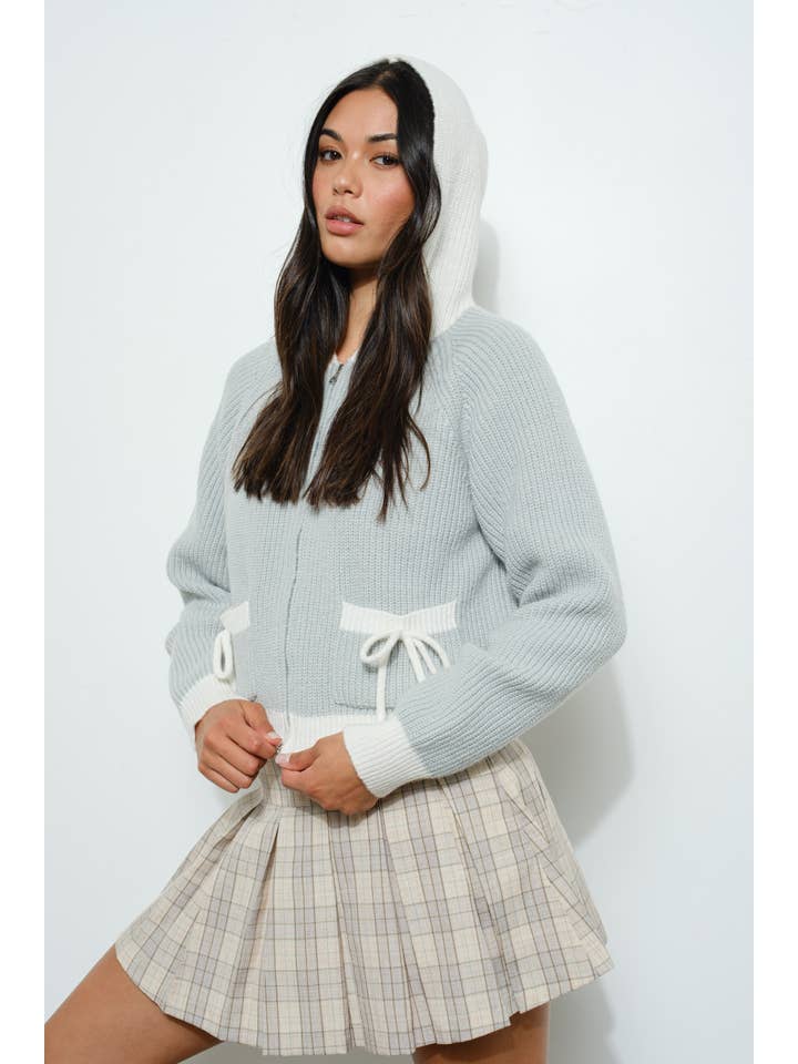Dusty Blue KNIT BOW ZIP UP HOODIE for wholesale on Faire