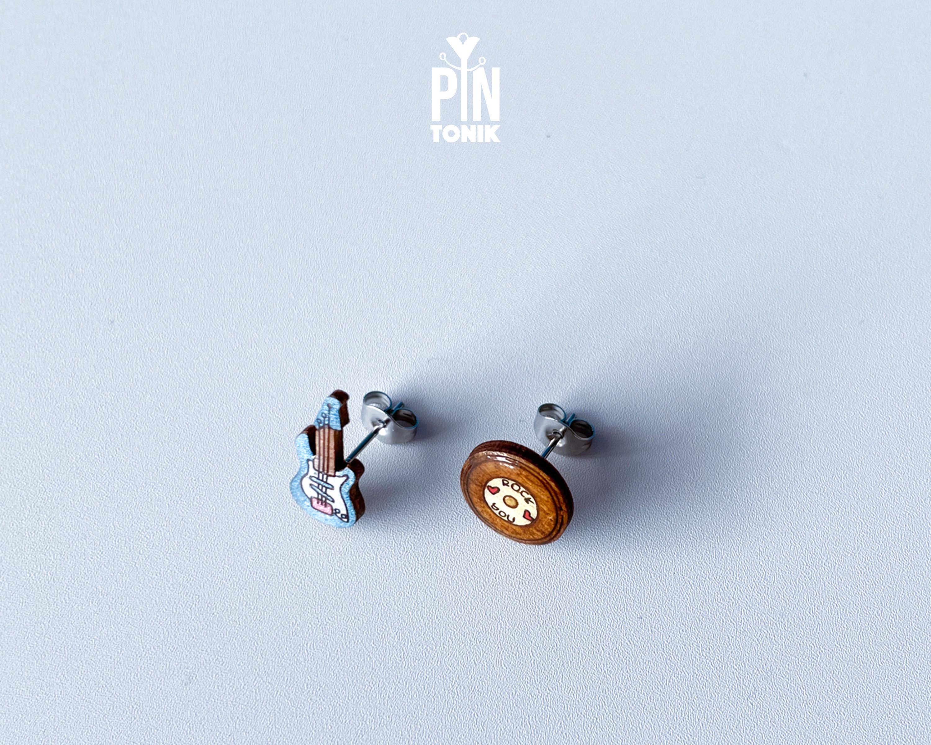PinTonik - Wholesale Stud/Post Earrings - Electric Guitar & Vinyl Mismatched Earrings Music Gift1