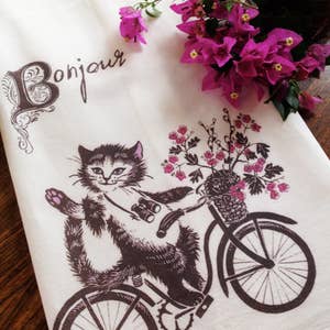 Cat Flour Sack Kitchen Dish or Tea Towel, Bonjour Cat