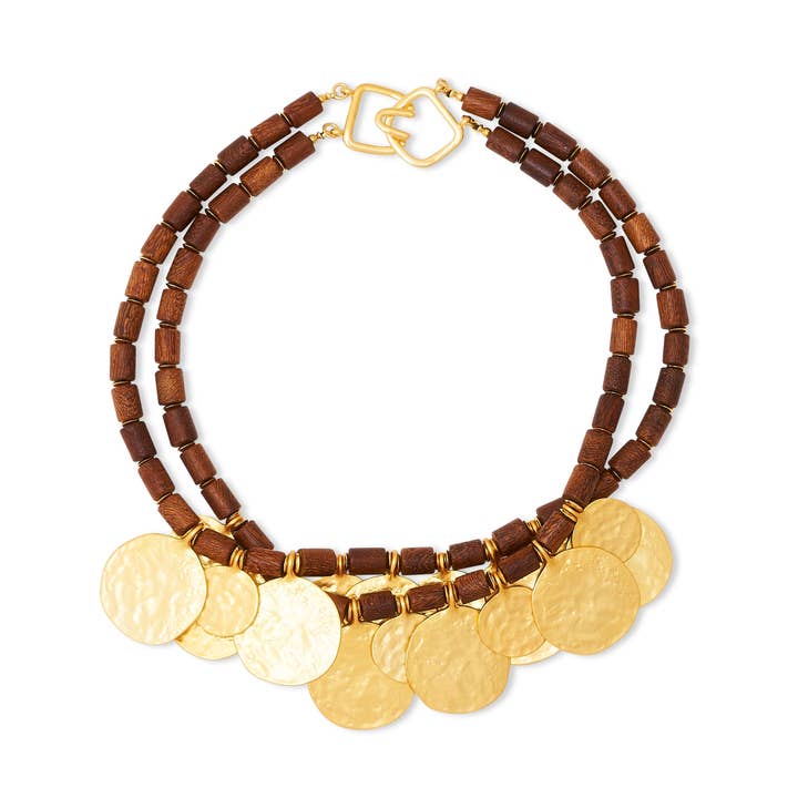 Satin Gold Coins & Wood Bead Necklace for wholesale by Kenneth Jay Lane