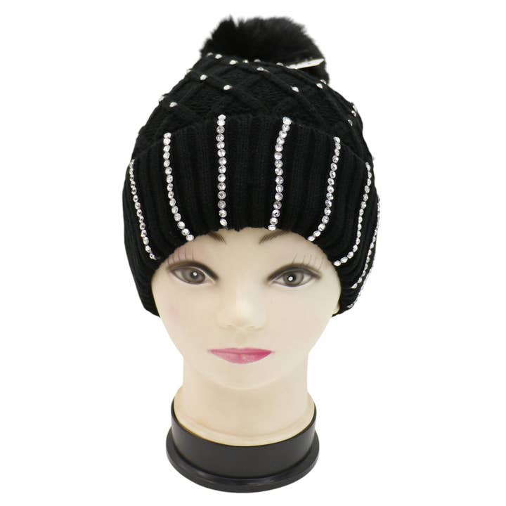 ASSORTED Pom Pom Knitted Beanie With Rhinestone HA4727-8 (12PC) for wholesale on Faire4