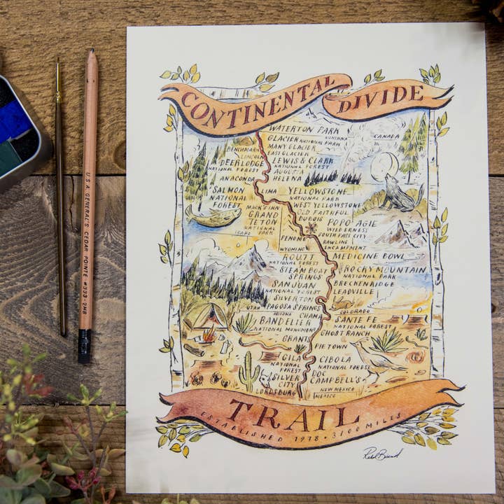 Continental Divide Trail Map 11"x14" Art Print for wholesale by Hiker Booty