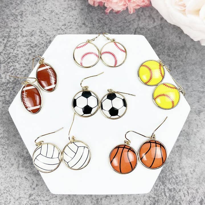 VARIETY OF SPORTS BALL EPOXY HOOK EARRINGS for wholesale by JHP Collection