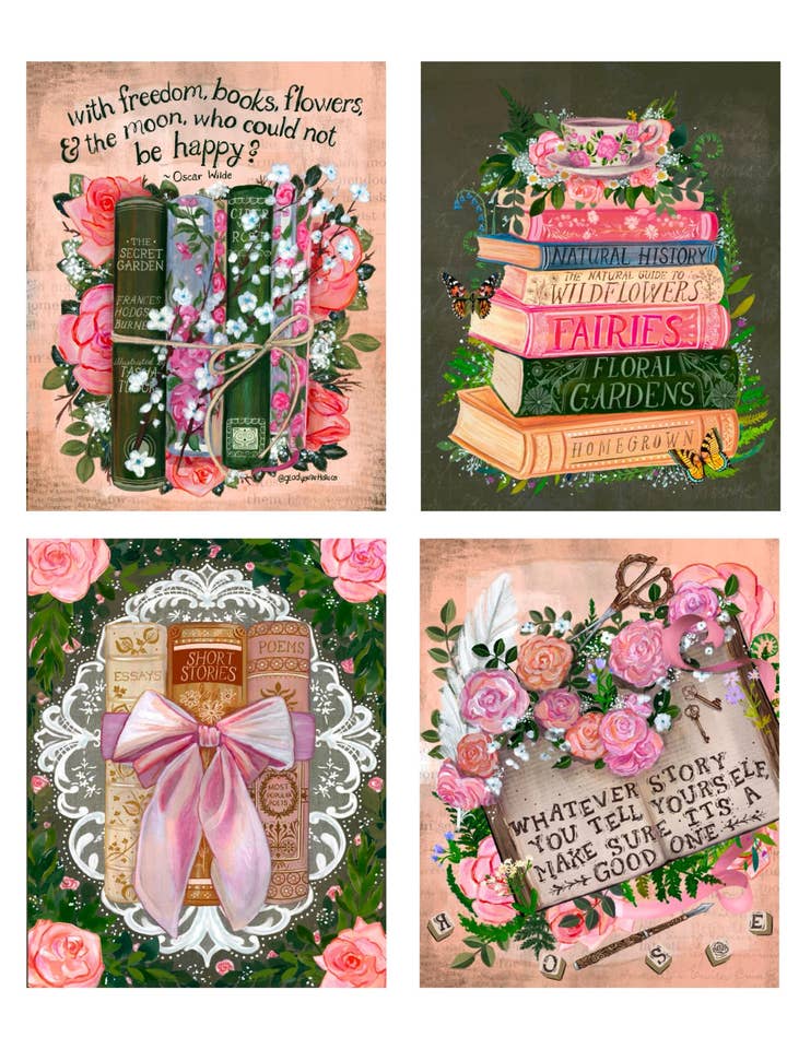 Romantic Floral Art Prints - Butterfly & Bow Aesthetic | Oscar Wilde Quote, Book Lover Wall Art, Literary Decor | Set of 4 for wholesale by glad you're here co