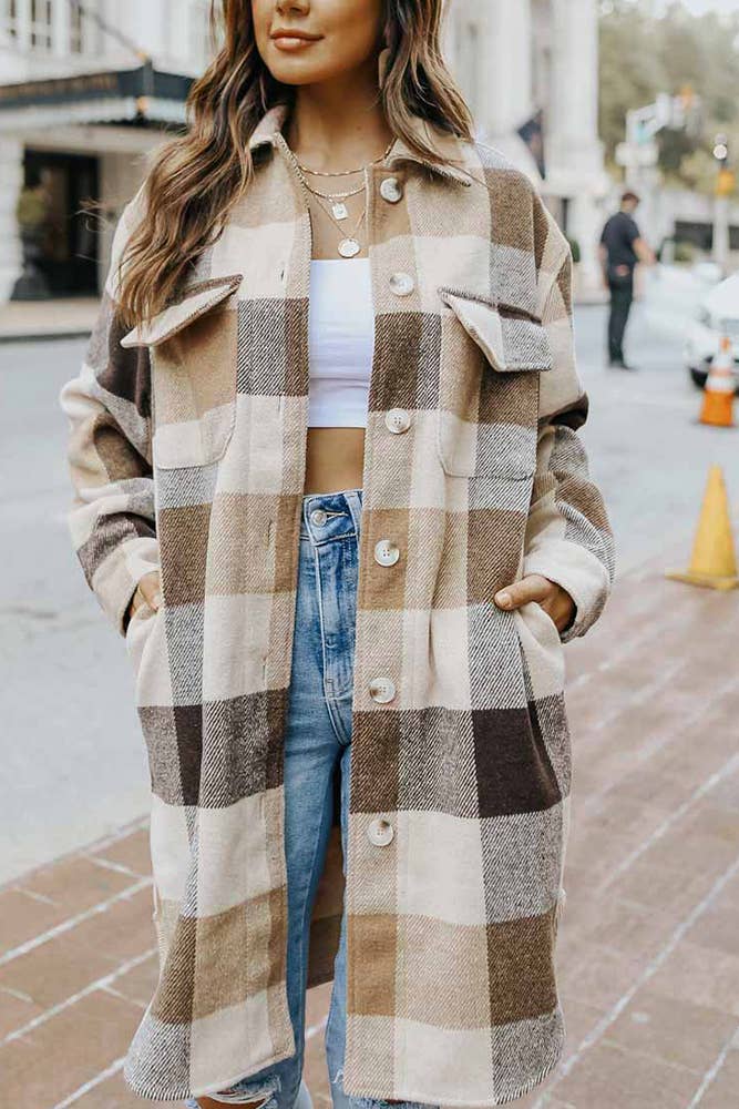 UNISHE - Wholesale Shirt Jacket/Shacket - Women's - Lapel Button Pocket Long Plaid Shacket CY0234