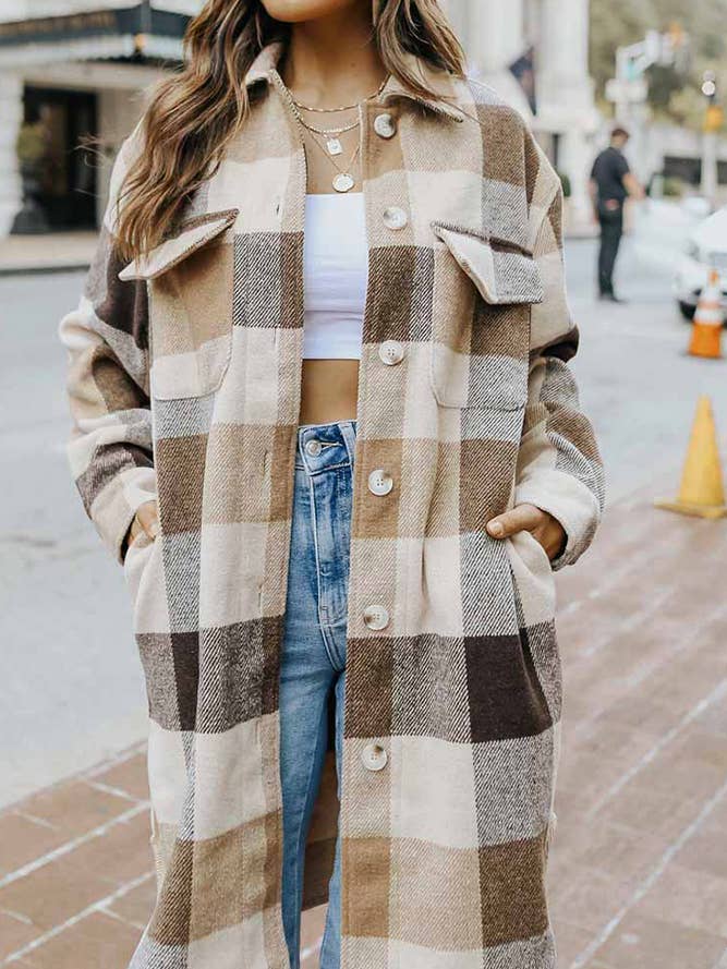 UNISHE - Wholesale Shirt Jacket/Shacket - Women's - Lapel Button Pocket Long Plaid Shacket CY0234