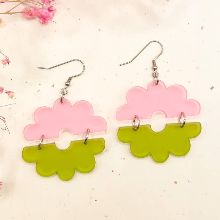 (Green/Pink) Flower Power Charm Acrylic Earrings for wholesale by Hoity Toity Goods