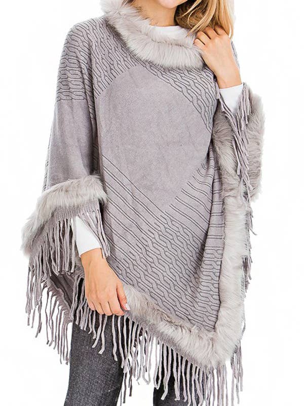 Cap Zone – wholesale Poncho – Women's – Faux Fur Lined Fringe Trim Pullover Poncho7
