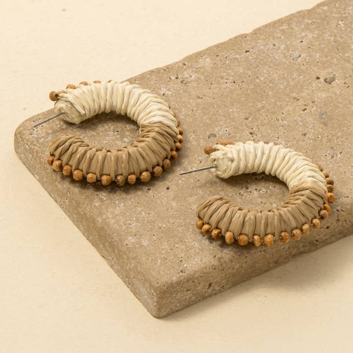 Two Tone Raffia Straw Hoop Earrings for wholesale by Anarchy Street