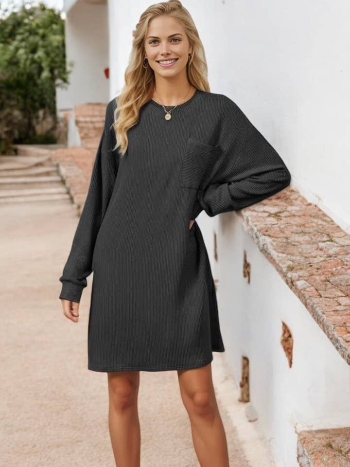 Anna Kaci Wholesale – wholesale Dress – Women's – Long Sleeve Ribbed Knit Dress with Front Pocket Detail8