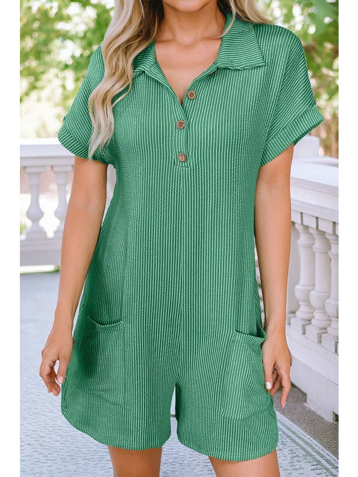 Grass Green LDC Corded Knit Side Pockets Collared Short Sleeve Romper for wholesale on Faire