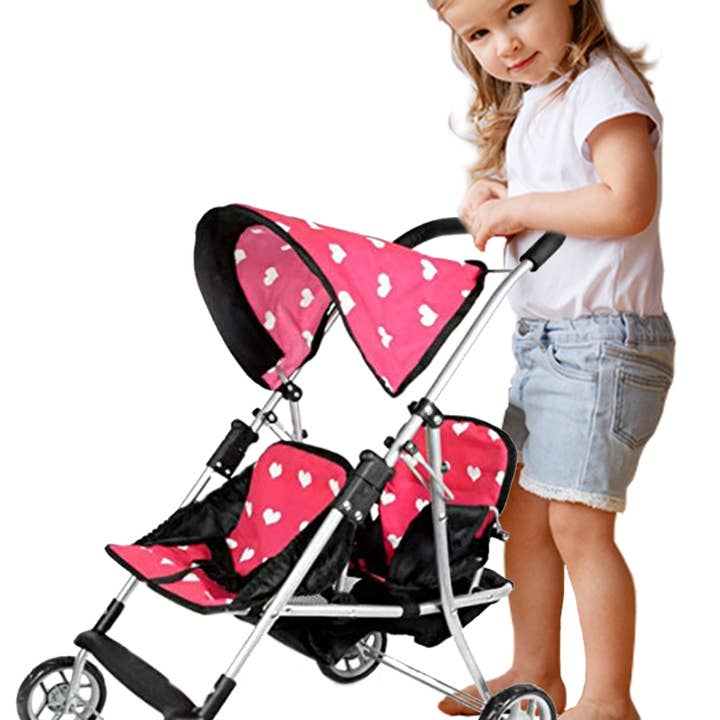 The New York Doll Collection - Wholesale Doll Stroller - Kids - First Doll twin Stroller Heart design with basket and hood