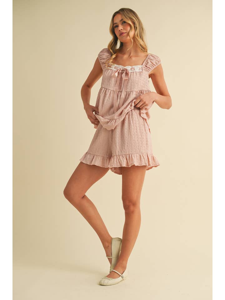 Klesis - Wholesale Lounge Set - Women's - IST5888 CONTRAST RIBBON RUFFLED HEM TOP AND SHORTS SET8