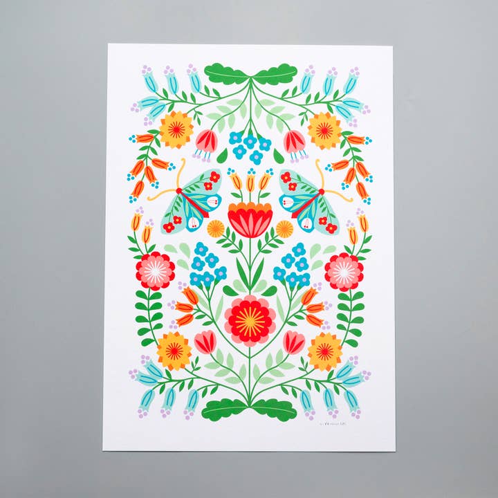 A4 art print - folk moths & flowers for wholesale by Maggie Magoo Designs