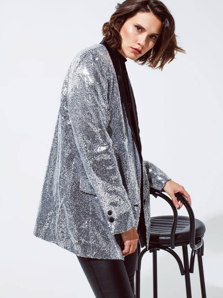 Silver Silver Sequin smokingkavaj med satinsvarta kavajer för wholesale på Faire