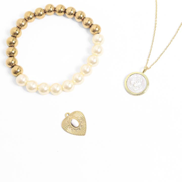 18K Gold PVD Stainless Steel Sunburst Heart Semi Precious Stone Charm for wholesale by Sunflower Soul Boutique