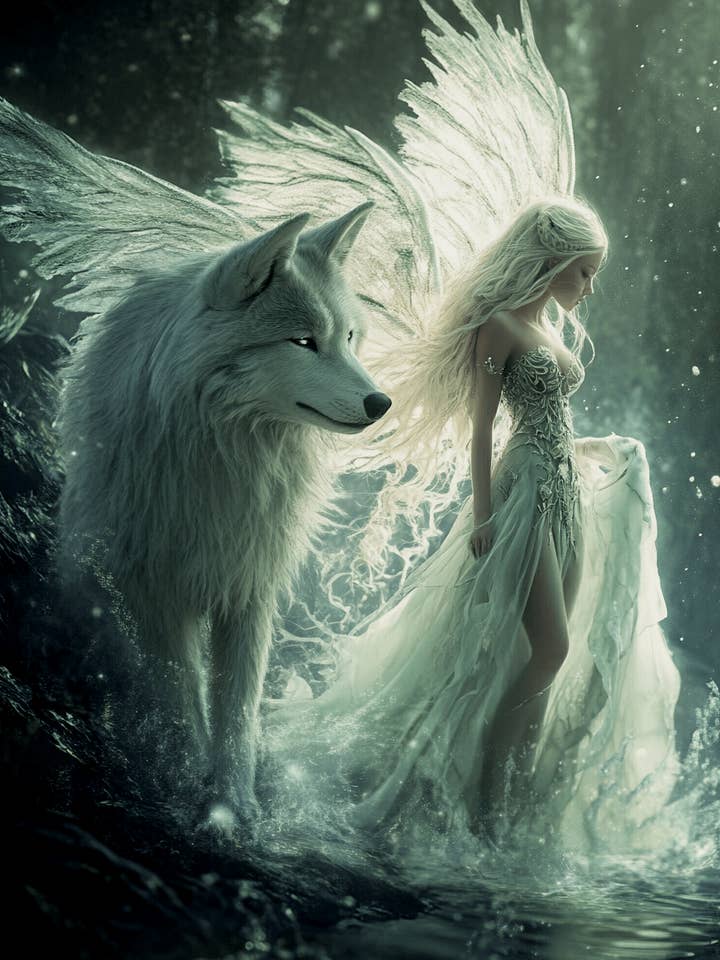 White Fairy with Her White Wolf - Fairies Wall Art Prints – 8″x10″ Artwork for 11″x14″ Frame for wholesale by Mowbi