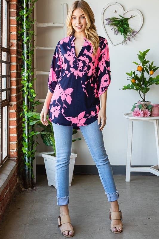 HEIMISH – wholesale Tunic – Women’s – ST1002-67 3/4 BUTTON SLEEVE MANDARIN COLLAR  NECK FLORAL TOP15