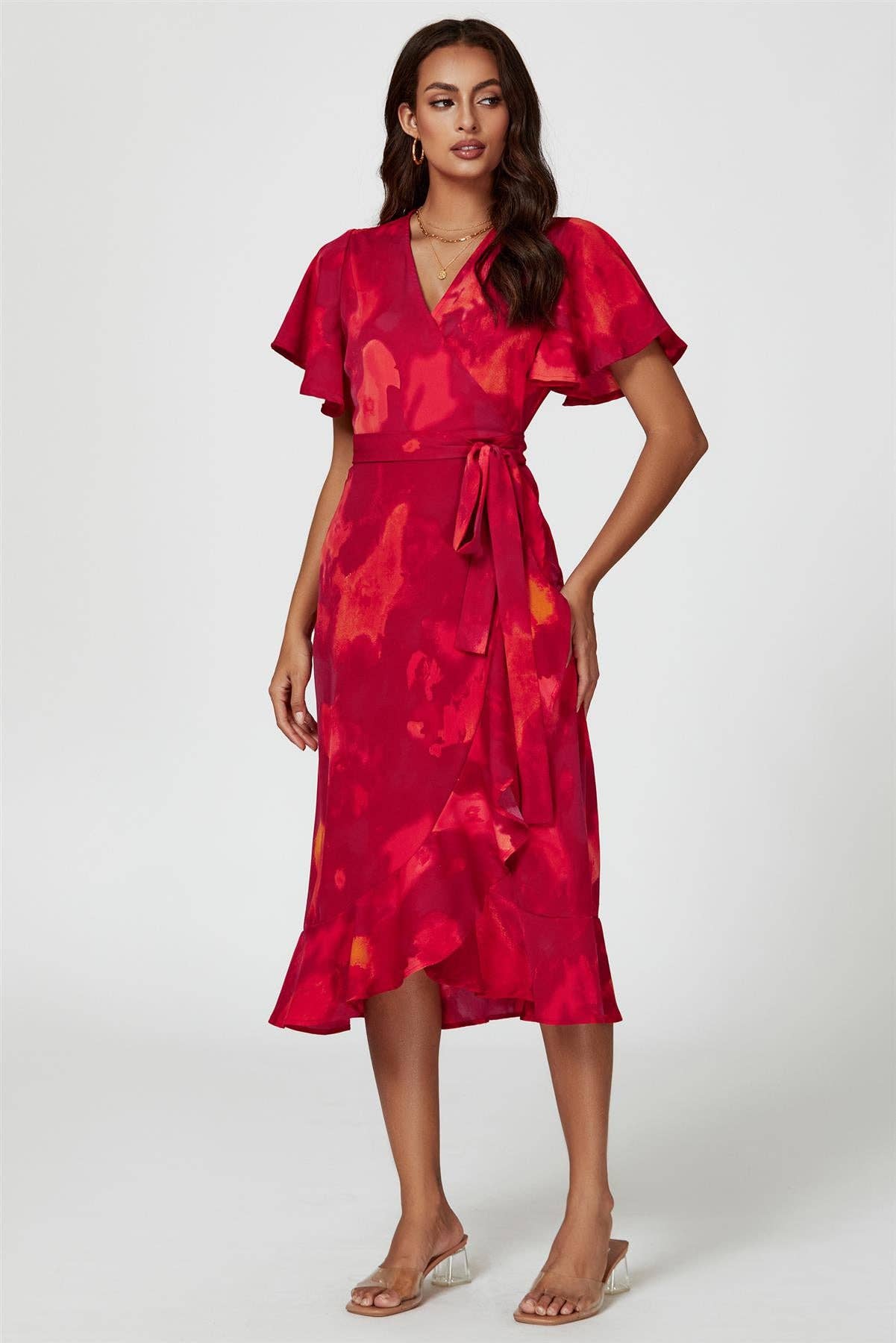 Abstract Print Angel Sleeve Wrap Midi Dress In Red for wholesale on Faire1