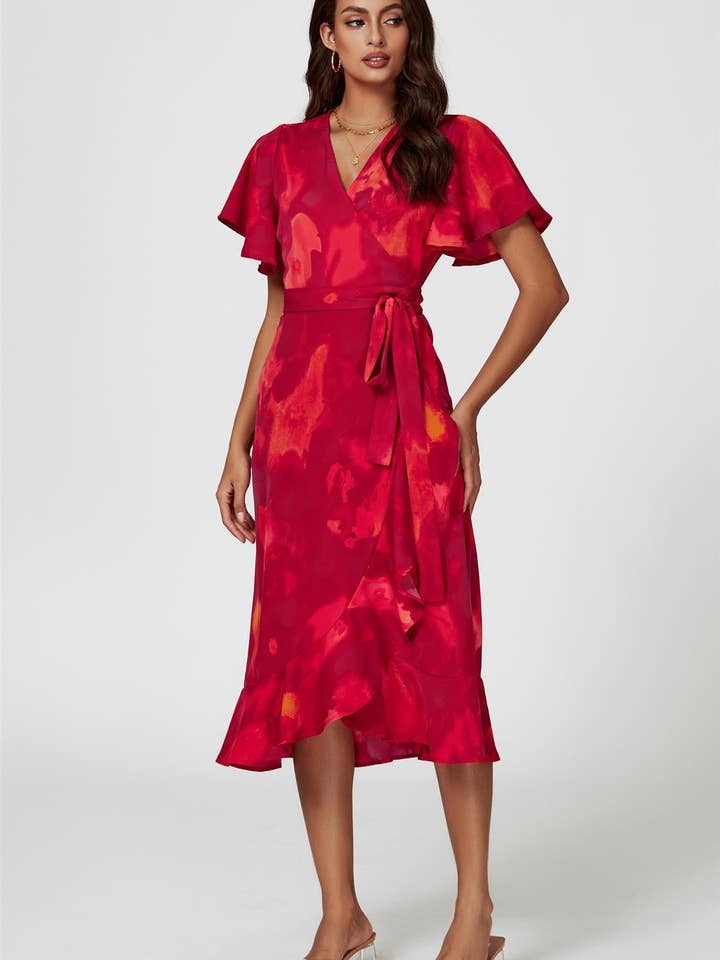 Abstract Print Angel Sleeve Wrap Midi Dress In Red for wholesale on Faire1