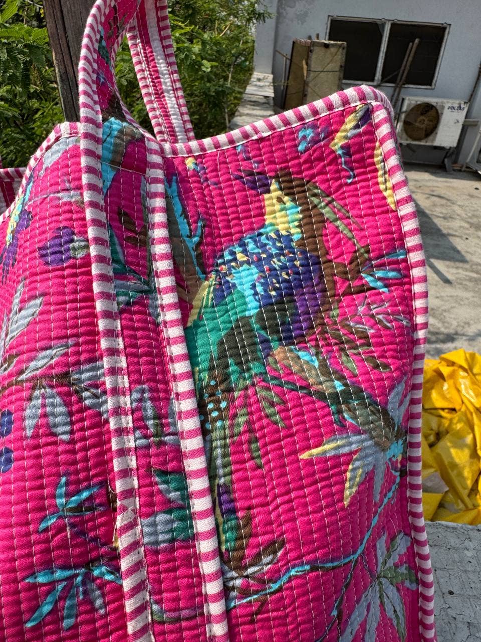 Borsa trapuntata in cotone con stampa di uccelli Borsa da spiaggia