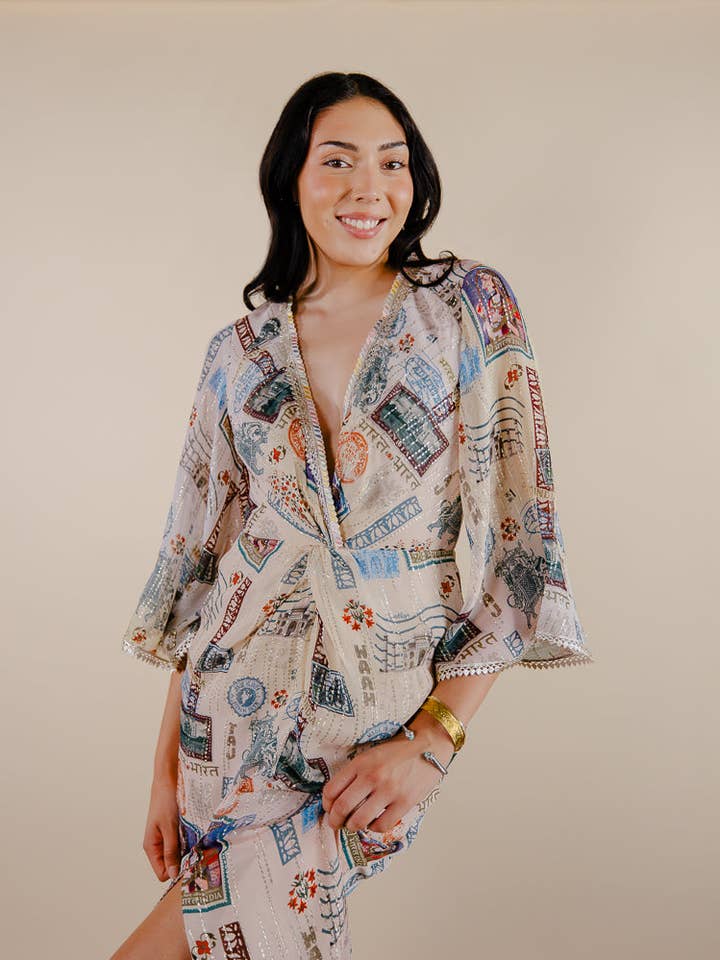 Grey V-neck Twist Knot Dress with Flared Bell Sleeves for wholesale by Sandhya Garg