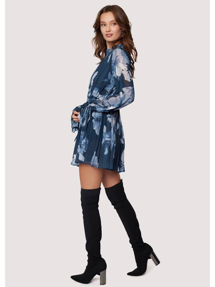 Josephine Mini Dress - Fall Blue/Grey Floral Pleat Long Slv for wholesale on Faire
