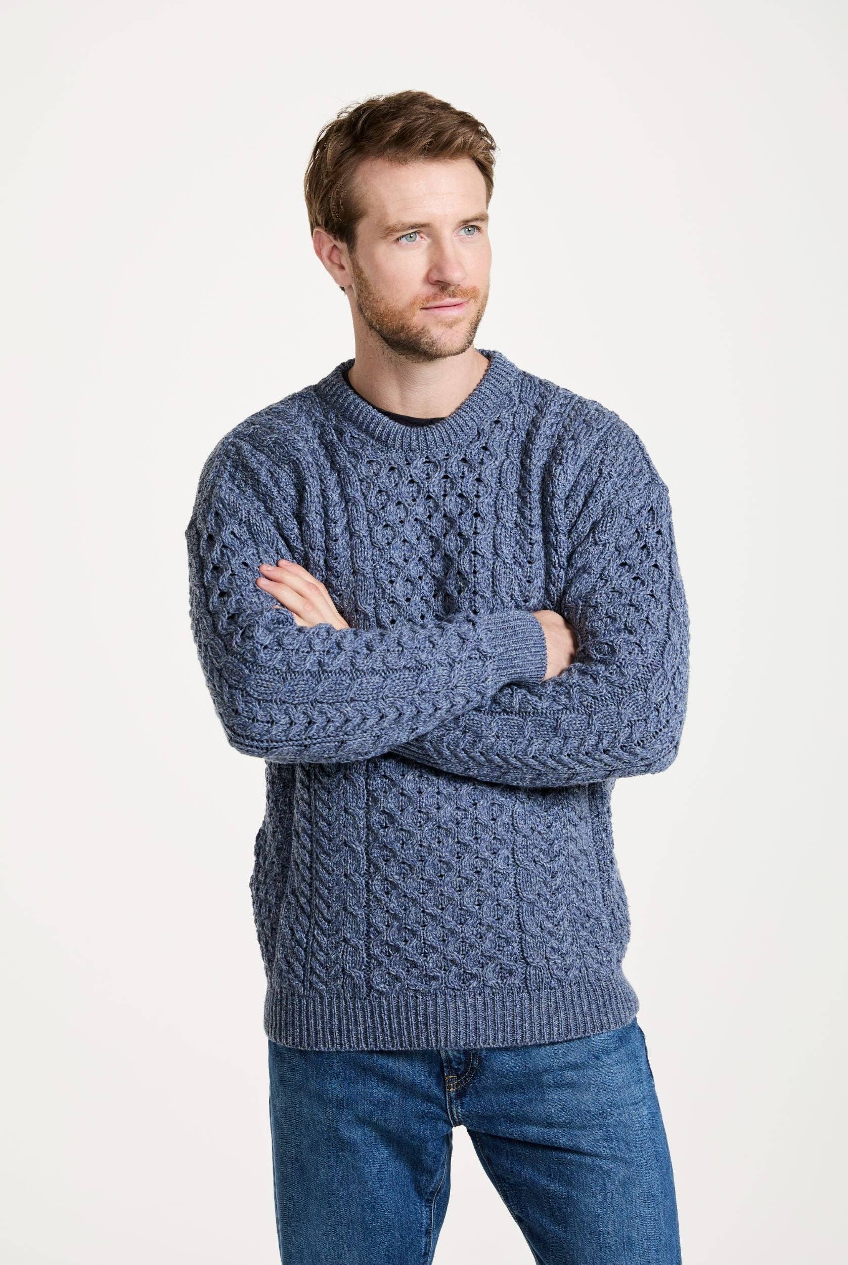 Aran Woollen Mills – Pulôver - Homem por atacado – Camisola Inisheer Tradicional Homem Aran - Azul Cinza3