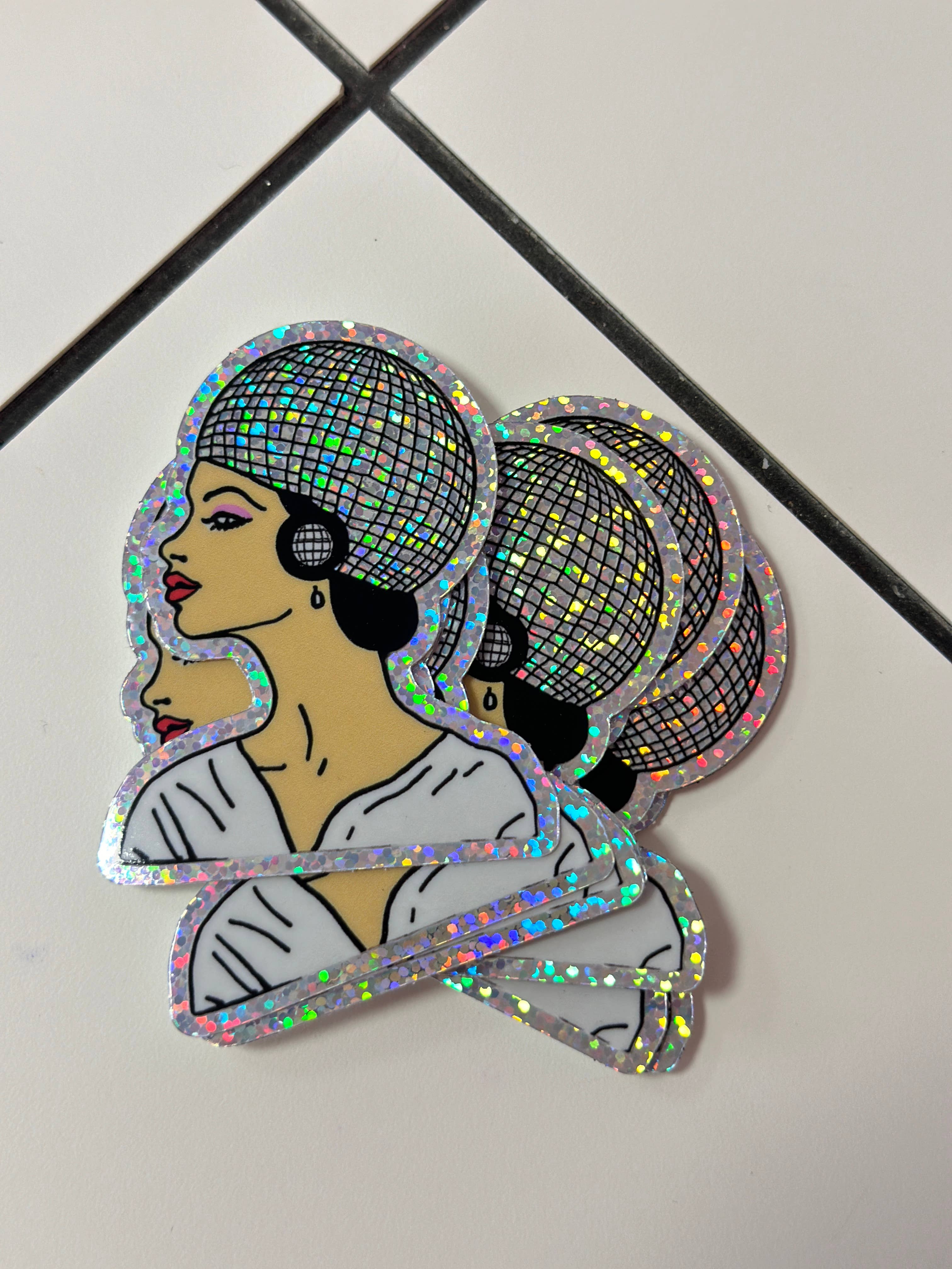 Meet me at the corner - Wholesale Sticker - Vintage disco head glitter sticker1