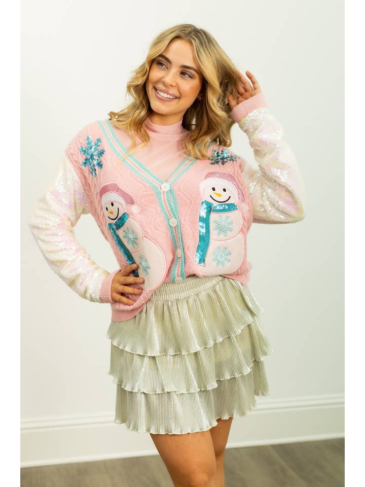 Pink Snowman Cardigan with Sequin Sleeves for wholesale on Faire6