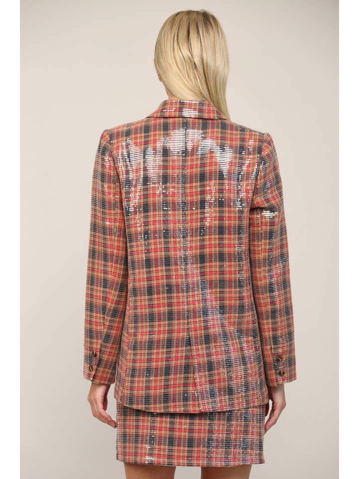 RED NAVY PLAID SEQUIN DOUBLE BREASTED BLAZER FJ74003 for wholesale on Faire