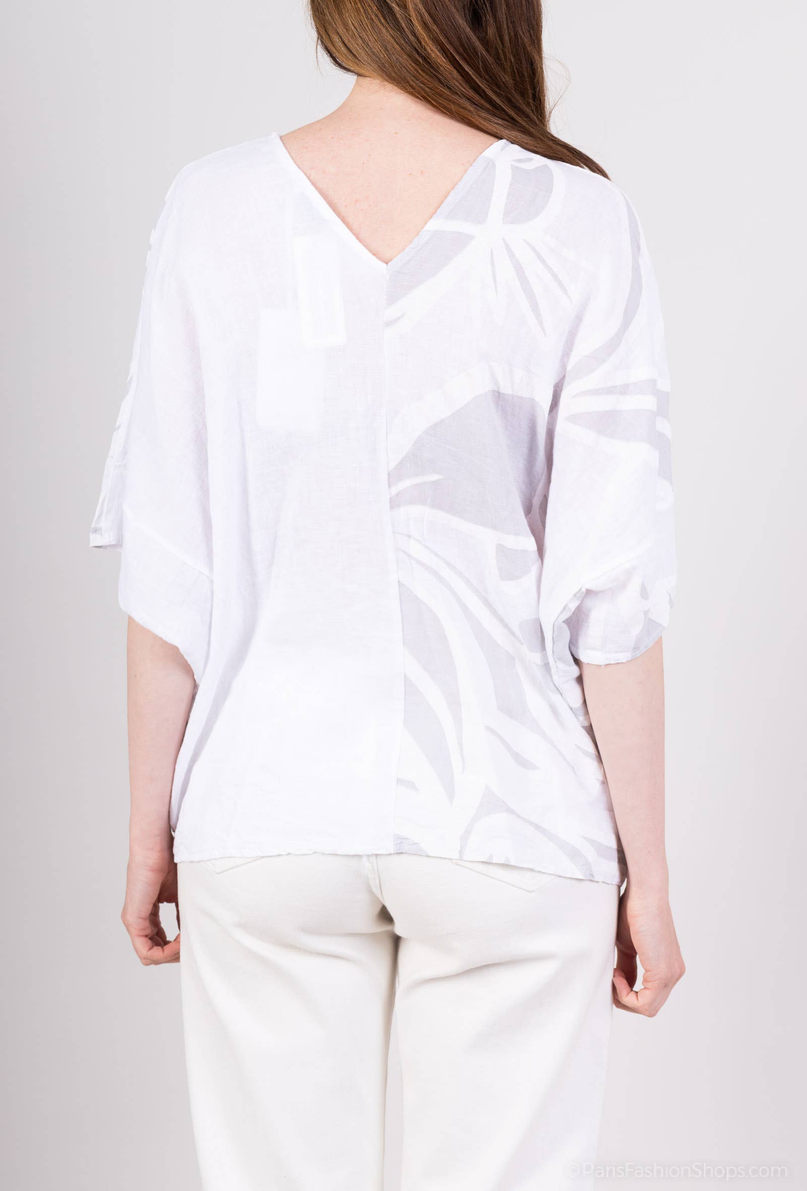 L'Emotion - Wholesale Blouse - Women's - Batwing Sleeve V-Neck Floral Pattern 100% Linen T-Shirt7