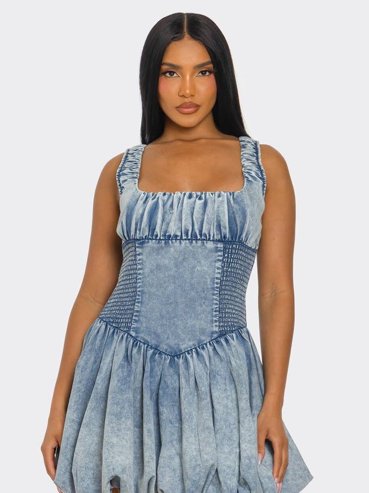 Bubble Belle Denim Mini Dress for wholesale by Athina Collection