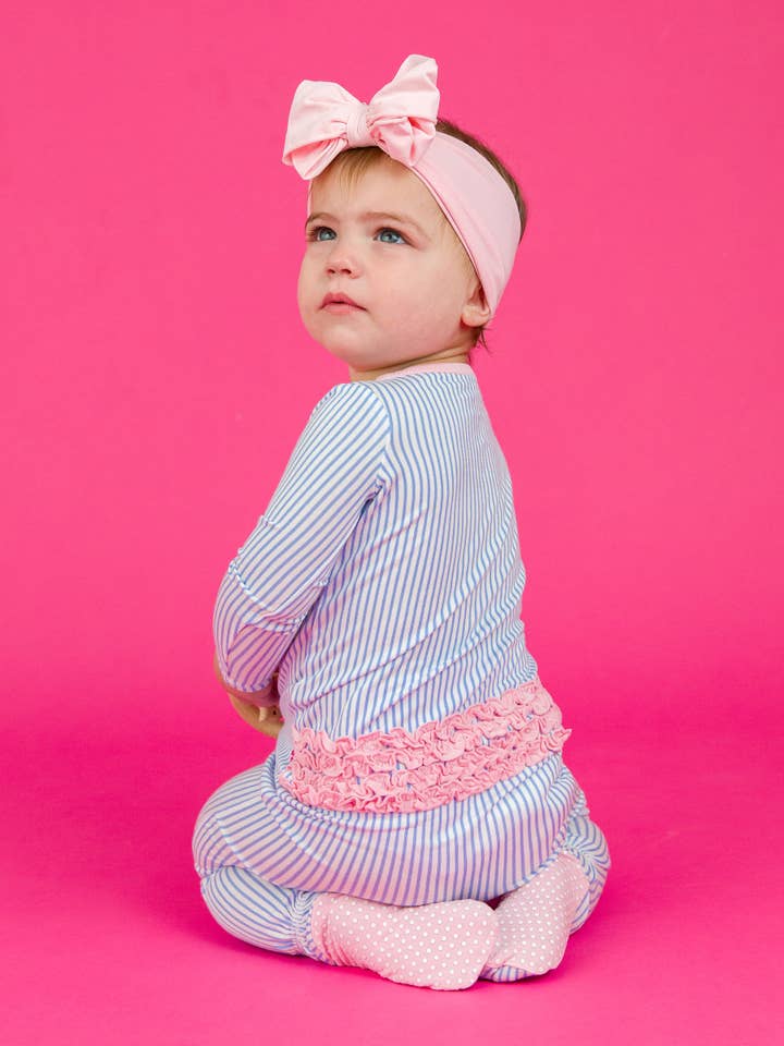 Baby Girls Periwinkle & White Micro Stripe Bamboo Viscose Footed Ruffle One Piece Pajama
for wholesale on Faire
