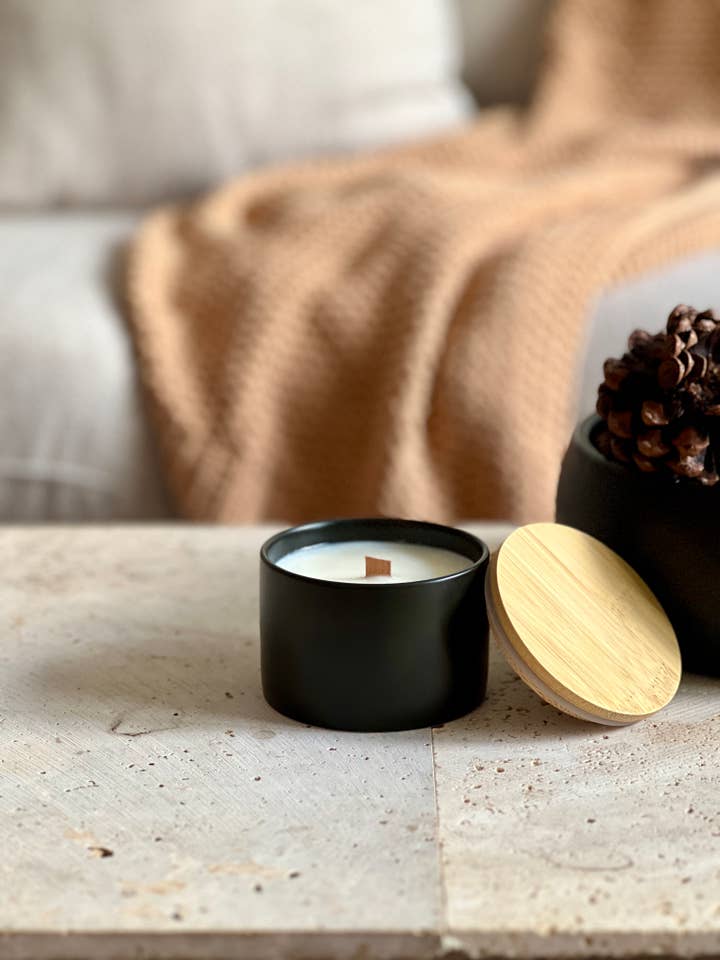 Golden Amber 6oz Soy Wood Wick Candle Ceramic Black Matte for wholesale by Hello October Candle Co.