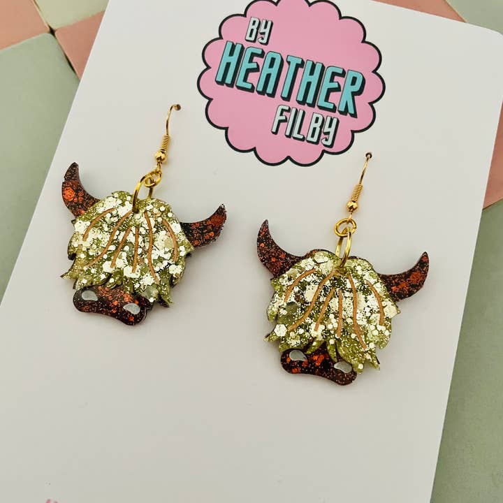 By Heather Filby - Wholesale Dangle Earrings - Highlands Cow Glitter Resin Earrings2