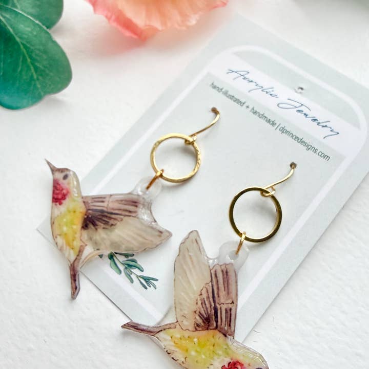 Hand-Illustrated Hummingbirds | Handmade Acrylic + Resin Dangle Earrings for wholesale by D. Prince Designs