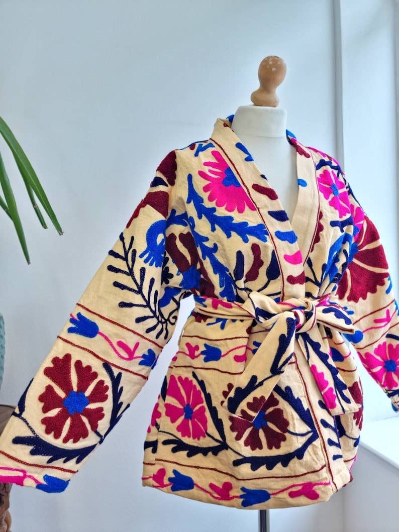 Essential Designs London – wholesale Jacket – Women's – Suzani Hand Embroidered Short Jacket | Autumn Boho Uzbek Kashmir Crewel | Christmas Special Gift | Classic Beige Pink Teal Turquoise |3