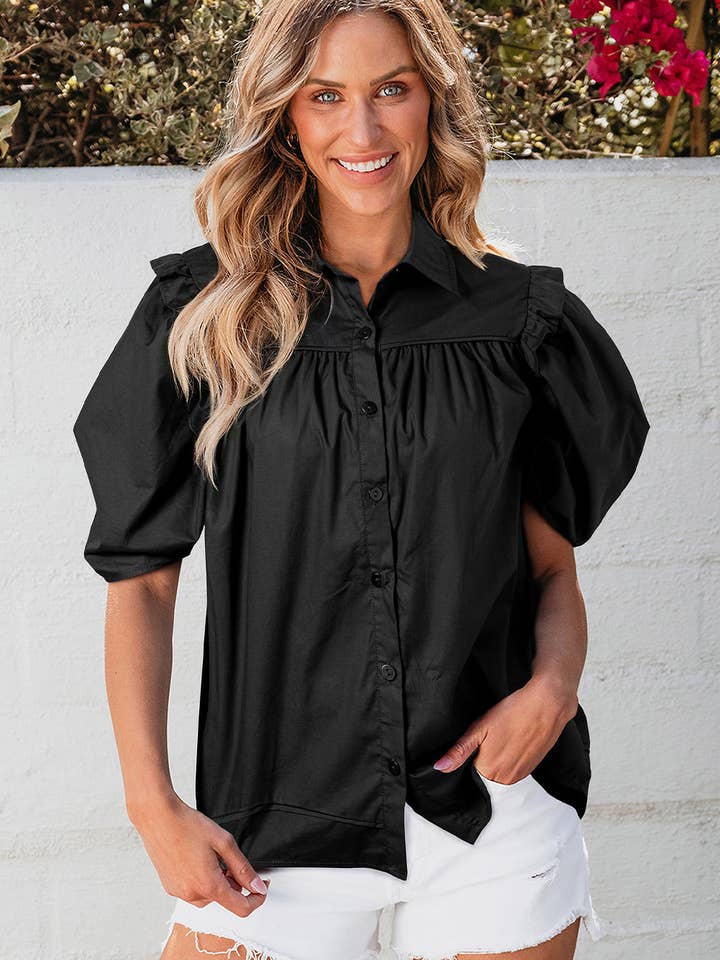 Crisp Puff Sleeve Loose Shirt for wholesale by Amaryllis Apparel