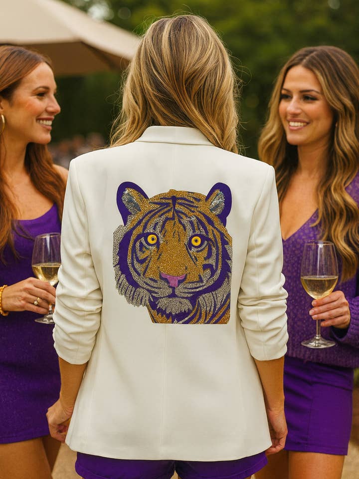 Blazer, Ruched White, Purple Tiger for wholesale by Moving Forward Designs