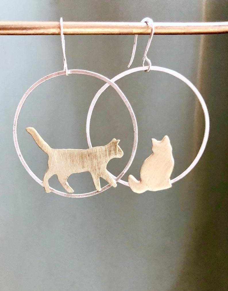 SORA DESIGNS - Wholesale Dangle Earrings - Large Cat Hoop Earrings Gold Cat Earrings