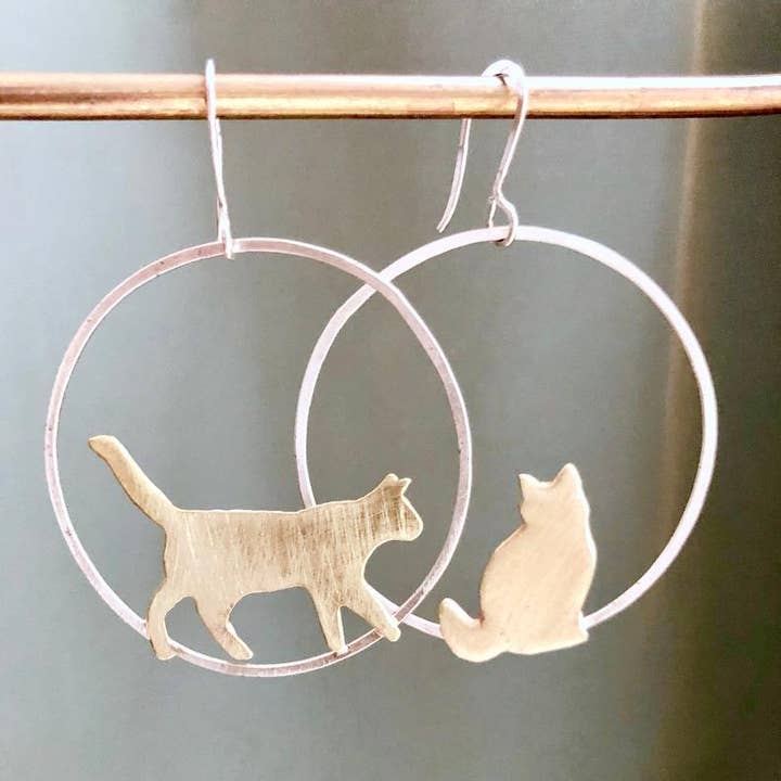 SORA DESIGNS - Wholesale Dangle Earrings - Large Cat Hoop Earrings Gold Cat Earrings 0