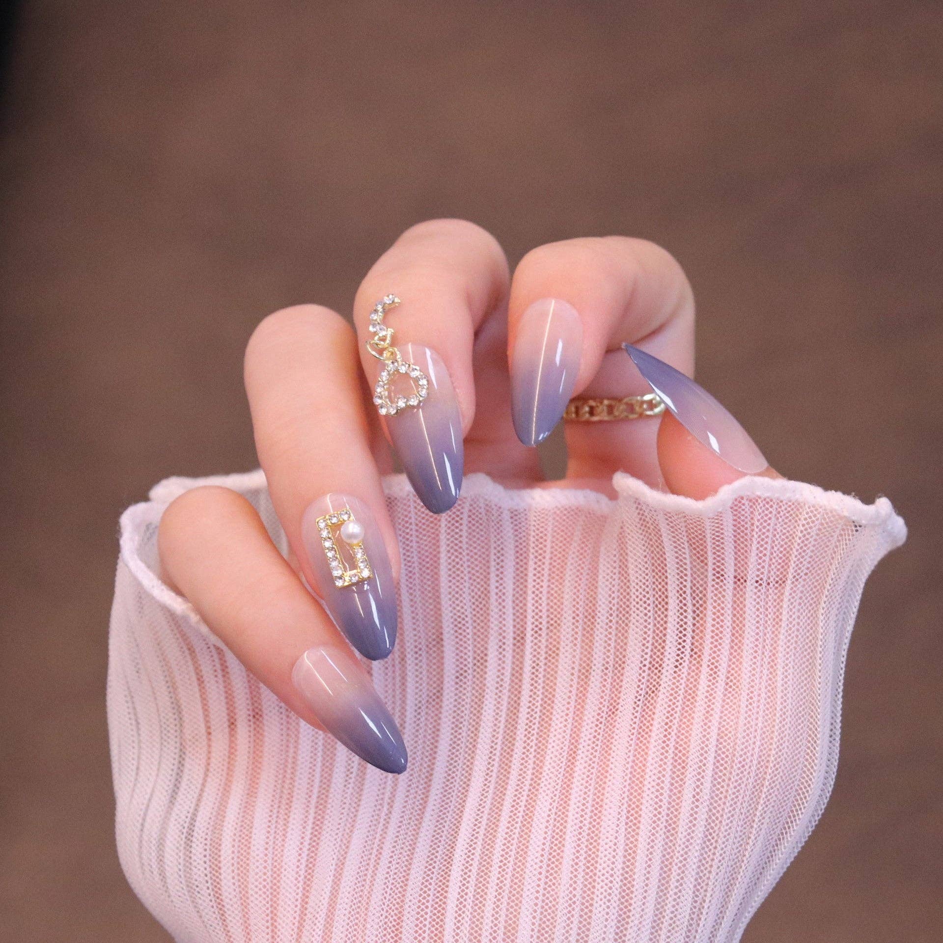 Many Colors Almond Periwinkle Press On Nails with Crystal Pendant Charm for wholesale on Faire4