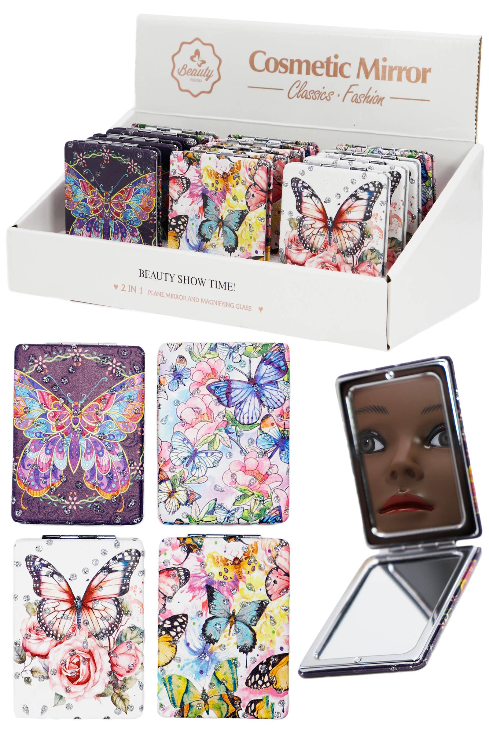 Cap Zone - Wholesale Makeup Mirror - Butterfly Floral Glitter Makeup Mirror - 12 pcs