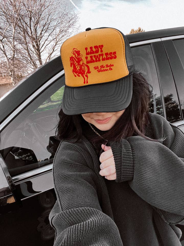 Lady Lawless western Grunge Trucker Hat - Black/Gold for wholesale by WE THE BABES