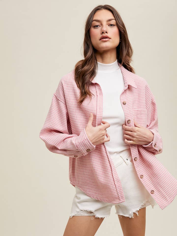 HOUNDSTOOTH SHACKET WITH POCKET / WL23-7601 for wholesale by Wishlist Apparel