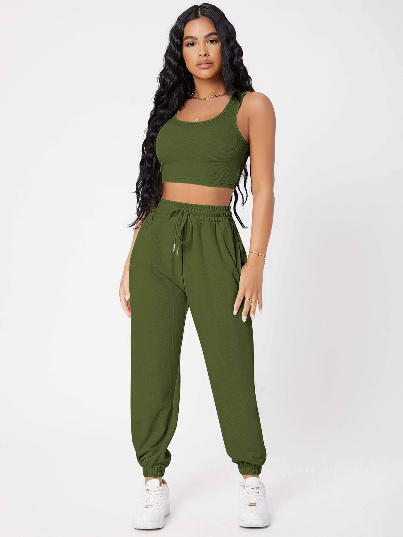 Fashion Combination - Wholesale Lounge set – Women's - petite solid crop tank top and joggers set2